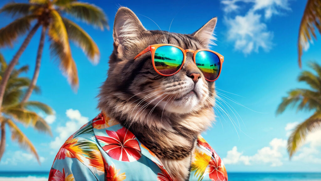 cat donning sunglasses hawaiian shirt captured in profile humorous expression background of beac 1 1 funny pfp for instagram