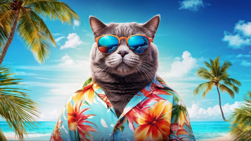 cat donning sunglasses hawaiian shirt captured in profile humorous expression background of beac funny pfp for instagram